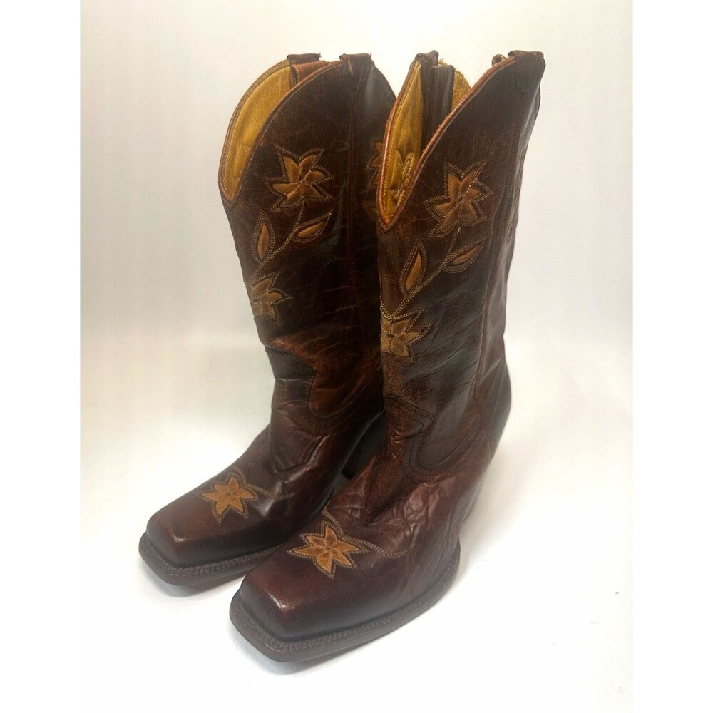 Mexican Leather Cowboy Boots Floral Western Brown Women 6.5
